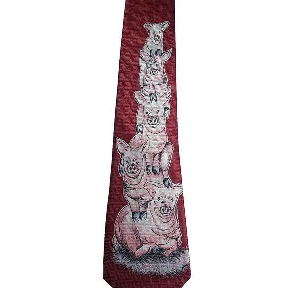 Vintage Designs By A. Rogers Men's Red Playful Pigs Neck Tie - Picture 2 of 4